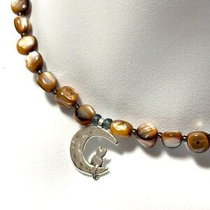 Shiny Caramel Mother of Pearl Short Necklace & Silver Cat on the Moon Pendant